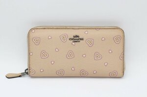 コーチ ハートプリント ラウンドファスナー 長財布 ピンクベージュ系 COACH z24-365 中古品 z_b