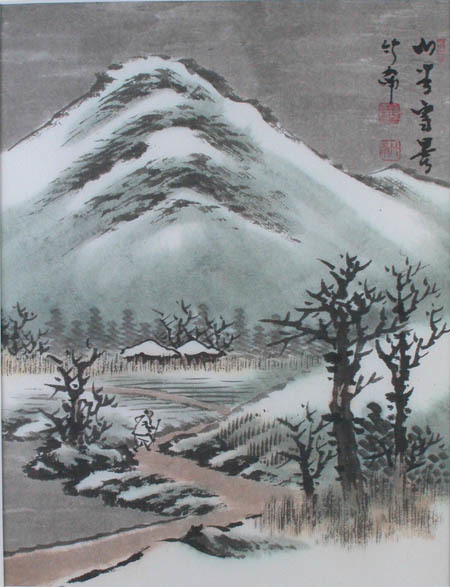 山水画, 水墨画, 框架, 框架, 当代彝族民间绘画：山村雪景, 艺术品, 绘画, 水墨画