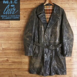 #2T/Y1.30-5　　70s～　ビンテージ　MIC CUIR　フランス軍 ダブルブレスト レザーカーコート 本革 レザージャケット フレンチ ヴィンテージ