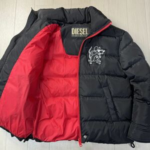 希少レア/M-L相当★ディーゼル/DIESEL デカロゴ バックプリント ダウンジャケット 肉厚 ねずみワッペン 中綿 金タグ 赤ジップ メンズ 黒