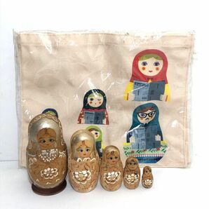 【マトリョーシカ 5体入り&トートバッグ】作者刻印あり◆民芸品 郷土玩具 レトロ 置物 ロシア人形 伝統工芸 インテリア 木製 