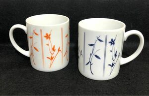 未使用品【たち吉 夫婦マグカップ ネイビー&オレンジ】 全高9cm◆ペア マグカップ コーヒーカップ 花柄 橘吉