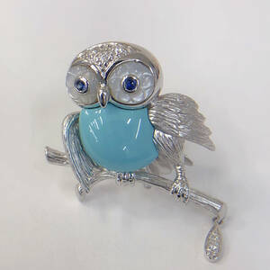 * owl * K18WG turquoise shell natural sapphire 0.03ct natural diamond 0.03ct brooch pendant top approximately 6.2g