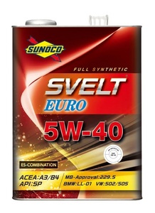 送料無料！　SUNOCO　SVELT EURO　スノコ　スヴェルト ユーロ　5W-40　A3/B4　SP　Full Synthetic（エステル配合） 4L缶x4　エンジンオイル