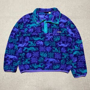 90s F2 USA製 patagonia パタゴニア クリーチャー スナップT フリース シャツ L 総柄 オールド ビンテージ シンチラ