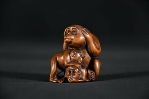 【古美術】三猿 見ざる 言わざる 聞かざる 根付 Netsuke 精密 彫刻 超絶技巧 彫塑 提げもの 提物 形彫