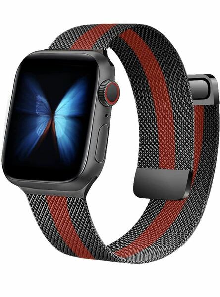 Apple Watchアップルウォッチ バンド42/44/45/49mm 交換ベルト　金属ステンレス　磁石留め　シリーズ2345678SE対応　工具不要　赤黒