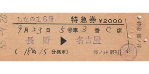 T224.『しなの18号』長野⇒名古屋　55.9.20　篠ノ井駅発行