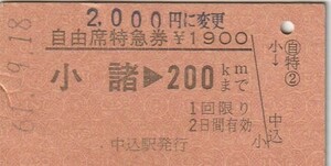 E230.【発券別駅】信越本線　小諸⇒200キロ　61.9.18　小海線：中込駅発行　料金変更印