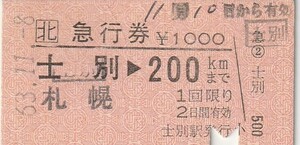 H021.【発券別駅：ゴム印訂正発券】JR北海道　函館本線　札幌⇒200キロ　63.11.8　宗谷本線：士別駅発行