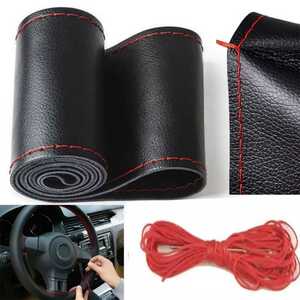 [ free shipping ] red color leather leather leather original leather manner compilation . steering wheel cover punching steering wheel cover M black / red 