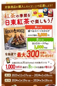 懸賞応募★選べるスイーツカタログ3000円分！QUOカードPay1000円分が最大300名様に当たる！日東紅茶で楽しもうキャンペーン！応募レシート