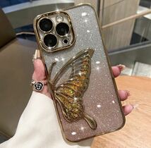 iPhone15Pro MAX スマホケース　携帯ケース　カバー　ラメ入り　バタフライ　ゴールド　液晶ケース　フィルム　ブルーライト　598m新作_画像1