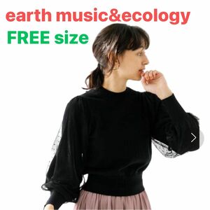 earthmusic&ecology ニット　黒　袖レース　トップス ニット　ドットチュール袖ニットプルオーバー ブラック 長袖