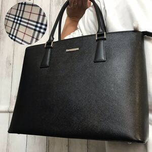 1円【未使用級】バーバリー Burberry トートバッグ ハンドバッグ メンズ ビジネス 肩掛け ノバチェック 大容量 A4 書類 レザー 本革 黒