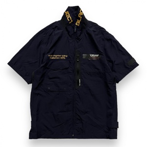 AVIREX アヴィレックス NIGHTHAWK STAND ZIP SHIRT ナイトホーク スタンドジップ シャツ 6105093 半袖 ナイロン プリント XL ネイビー