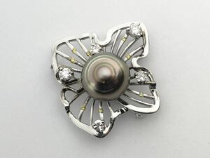 K18 南洋 真珠 15mm ダイヤ0.883ct イエローダイヤ0.13ct ペンダントトップ ブローチ 2way 重量15.8g ホワイトゴールド