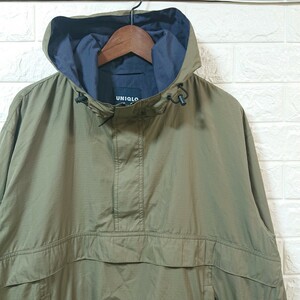 【90s】Old UNIQLO オールド ユニクロ 裏地付き ナイロン アノラック ジャケット パーカー Lサイズ カーキ×ネイビー anorak jacket