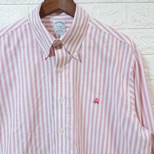 【美品】Brooks Brothers ブルックスブラザーズ ピンクストライプ ロゴ刺繍 ノンアイロン ボタンダウン 長袖シャツ Lサイズ stripe shirt