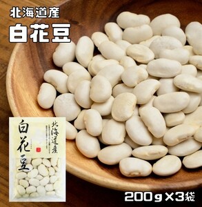 白花豆 200g×3袋 豆力 北海道産 （メール便）白花美人 白インゲン 花豆 インゲン豆 しろはなまめ 国産 乾燥豆 国内産 豆類 和風食材 生豆