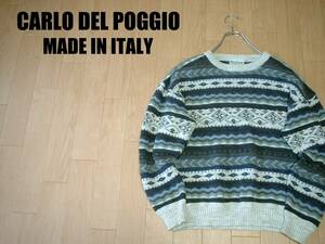 高級イタリア製CARLO DEL POGGIO好配色ネイティブ柄ウールセーターL美品MADE IN ITALYフェアアイル90sビンテージノルディック立体3Dアート