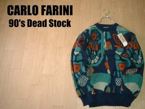 新品デッドストック90sビンテージCARLO FARINI総柄ニットウールセーター未使用Lネイビー紺レトロアンティークノルディックフェアアイル