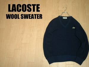 LACOSTEワンポイントウールセーター美品2(S程)濃紺ネイビー正規ラコステWOOL SWEATER希少90sビンテージVネックワニ