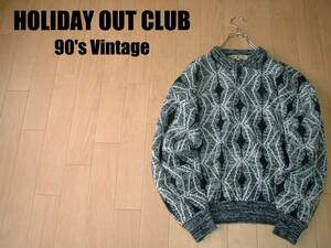 90sビンテージHOLIDAY OUT CLUBモノトーン柄ニットセーター美品L襟付きポロタイプVintage幾何学模様レトロアンティーク総柄ノルディック