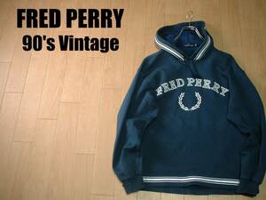 90sビンテージFRED PERRYビッグロゴ刺繍スウェットパーカー紺ネイビー正規フレッドペリーVintageフーディトレーナー月桂樹ポロブランド