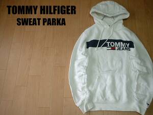TOMMY HILFIGERビッグロゴスウェットパーカーS(JPN-M程)白ホワイト正規トミーヒルフィガーJEANSフーディトレーナーFLAG袖フラッグジーンズ