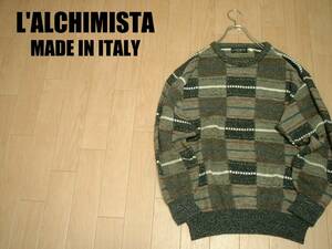 高級イタリア製L'ALCHIMISTA好配色ブロック柄ウールセーター50美品XL正規MADE IN ITALYフェアアイル90sビンテージ立体3Dアート総柄ニット