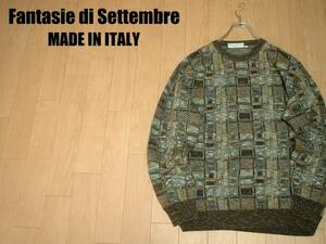 高級イタリア製Fantasie di Settembre好配色ウールセーター美品ジャガード50正規MADE IN ITALYフェアアイル90sビンテージ立体3Dアート