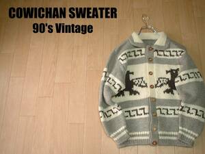 90sビンテージHAND KNITネイティブ柄カウチンセーターMサンダーバードNATIVEハンドニットナバホインディアンカーディガンウッドボタン