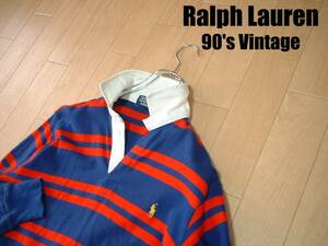 90sビンテージPOLO by Ralph LaurenラガーシャツL青ブルーx赤レッド正規ポロバイラルフローレンRUGBYラグビーVINTAGEジャージRUGGERポロ