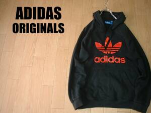 大人気adidas ORIGINALSビッグトレフォイルスウェットパーカーXO黒ブラックxレッドXL正規アディダスオリジナルス三ツ葉フーディトレーナー