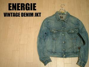 ENERGIEビンテージ加工デニムジャケットM正規エナジーLeeリー101JモデルジージャンペイントロゴJEANSジーンズストームライダー