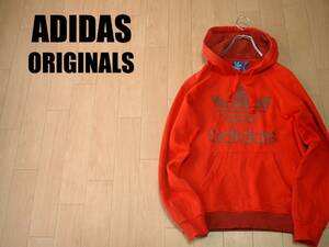 大人気ADIDAS ORIGINALSビッグトレフォイルスウェットパーカー赤S差し色レッド正規アディダスオリジナルスリブ切り替えフーディトレーナー