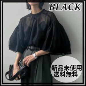 ラスト1点 新品 シアーアトップス パフスリーブ 透け感 体型カバー 韓国 ブラック L 黒 パーティー デート 結婚式 2次会