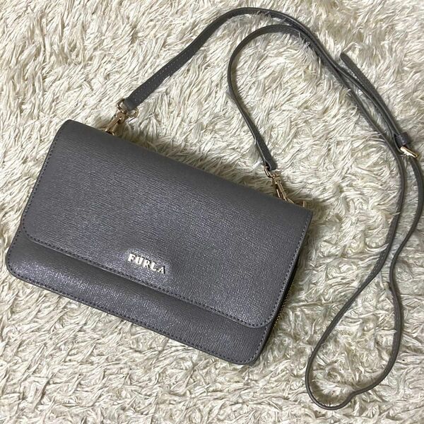 【美品】FURLA フルラ ウォレットショルダーバッグ レザー グレー リーヴァ 2way 財布 ハンドバッグ