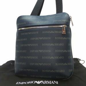 【美品】エンポリオアルマーニ EMPORIO ARMANI ショルダーバッグ サコッシュ メンズ 斜め掛け レザー 本革 ロゴ 総柄 紺色 ネイビー