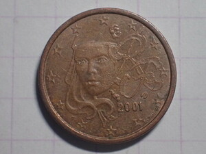 Ｆ2-蹄鉄 KM#1282 フランス共和国 1ユーロセント(0.01 EUR)銅メッキ鋼貨 2001年