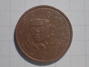 F8-ハチ KM#1283 フランス共和国 2ユーロセント(0.02 EUR)銅メッキ鋼貨 1999発行初年