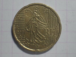 F25-蹄鉄 KM#1286 (最初の地図) フランス共和国 20ユーロセント(20 FRF)ノルディックゴールド貨 2001年
