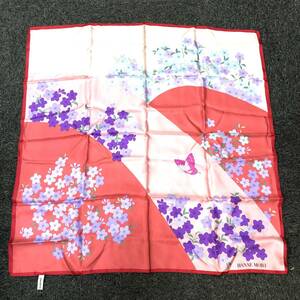 【長期保管品】HANAE MORI ハナエモリ 大判 スカーフ ショール 花柄 蝶 シルク100％ 89×87ｃｍ（管12979）