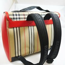 ★未使用クラス・保管品 BURBERRY バーバリー 8014353 チェック＆アイコン ストライプ バックパック ナイロン×レザー ベージュ/レッド_画像3