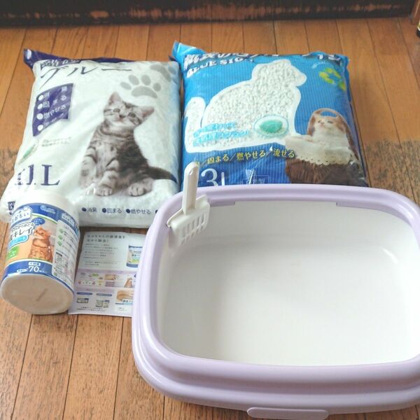 【新品・未使用】猫用トイレのセット 猫トイレ 猫砂13L・11Lの2袋 徹底キレイお掃除シート