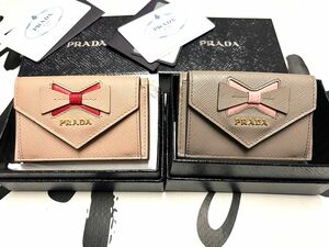 新品★プラダ★PRADA★リボン付★ロゴ★三つ折り財布★ベージュ＋レッド 赤★一点