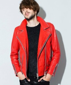 8.5 ten thousand [ unused tag attaching ]NO ID.( No ID ) ram leather bejitabru piping Rider's JKT jacket red sheep leather size 2 ps leather 