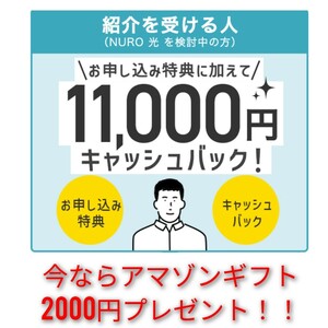 キャンセルにつき再出品！ラスト1件　アマゾンギフト2000円付き　nuro光 キャッシュ NURO 光 キャンペーン紹介コード　 