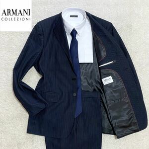 漂う高級感『ARMANI COLLEZION 』アルマーニコレツォーニ スーツ セットアップ Lサイズ 48 ネイビー ウール&シルク 裏地イーグルロゴ総柄